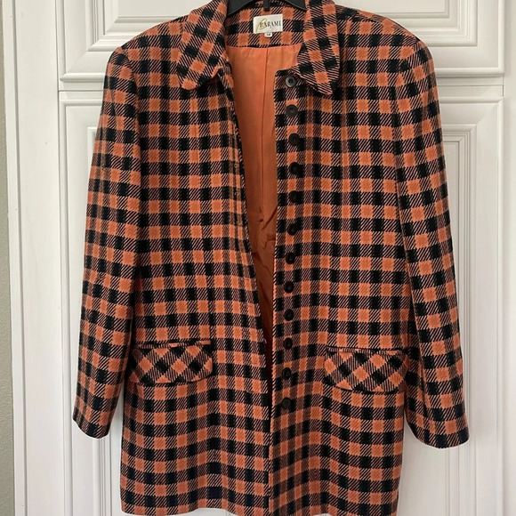 barami Jackets & Blazers - Vintage BARAMI 100% WOOL COAT BLAZER SZ 12 FULLY LINED BLACK ORANGE HOUNDSTOOTH